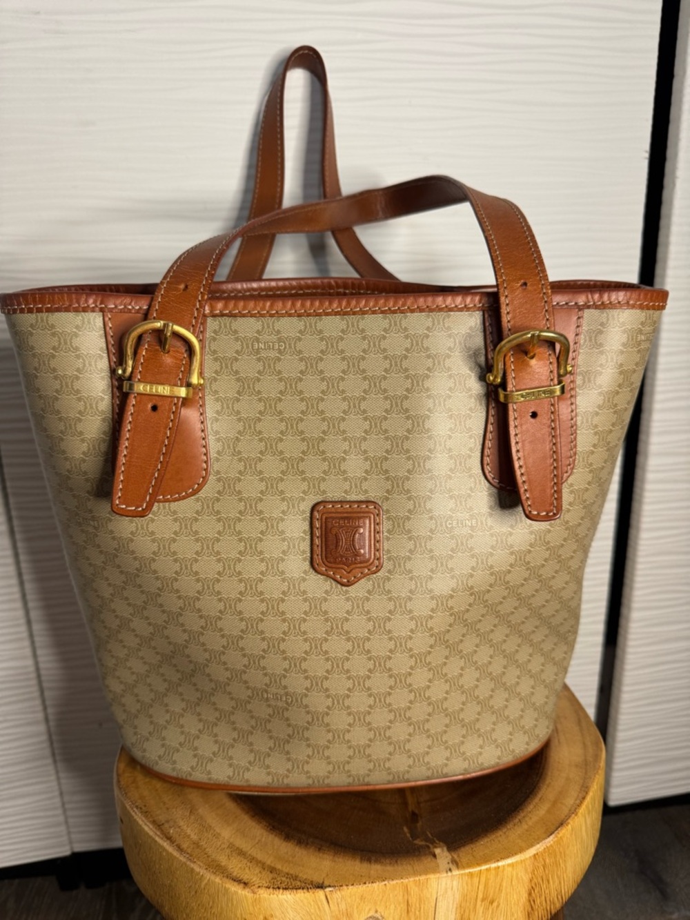 Celine Beige Monogram Canvas Tote with Brown Leather Trim